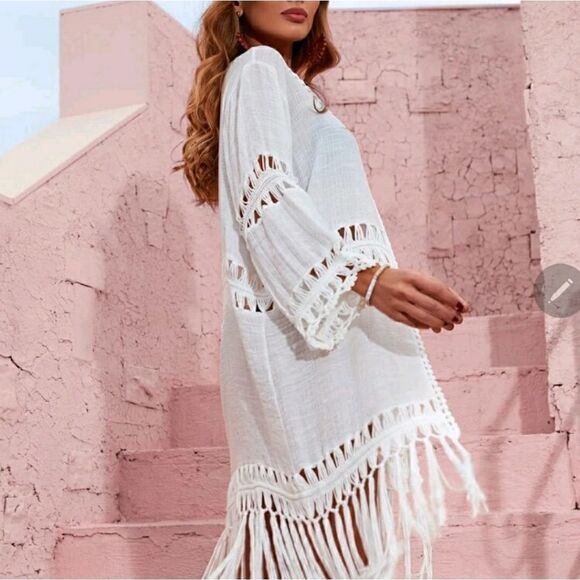 Tie Neck Fringe Hem Kimono - Picture 1 of 7